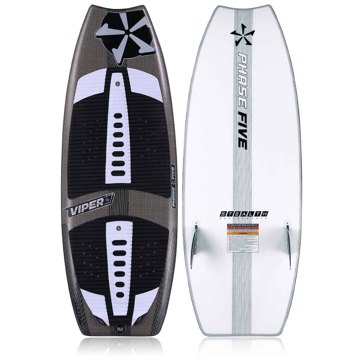 Phase 5 Viper Stealth Wakesurf Board 2027 – deck and bottom views on white