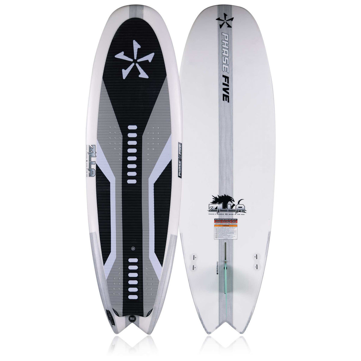 Phase 5 Zilla V2 Wakesurf Board 2027 – deck and bottom views on white