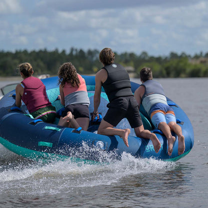Radar Orbit 4 Person Tube in Teal / Blue, riders crossing the wake