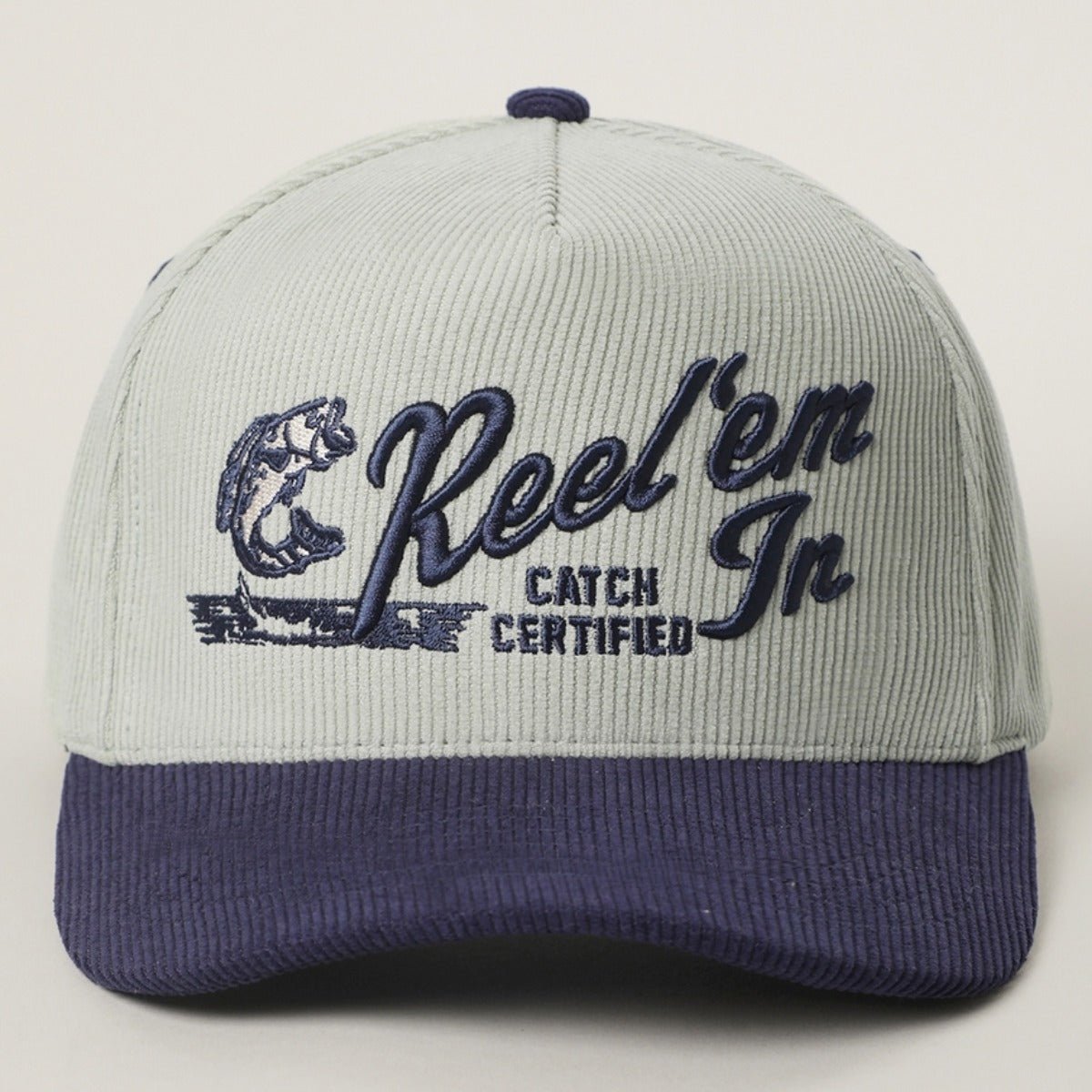 Reel'em in 3D Embroidered Corduroy Trucker Hat in Navy Mint - BoardCo