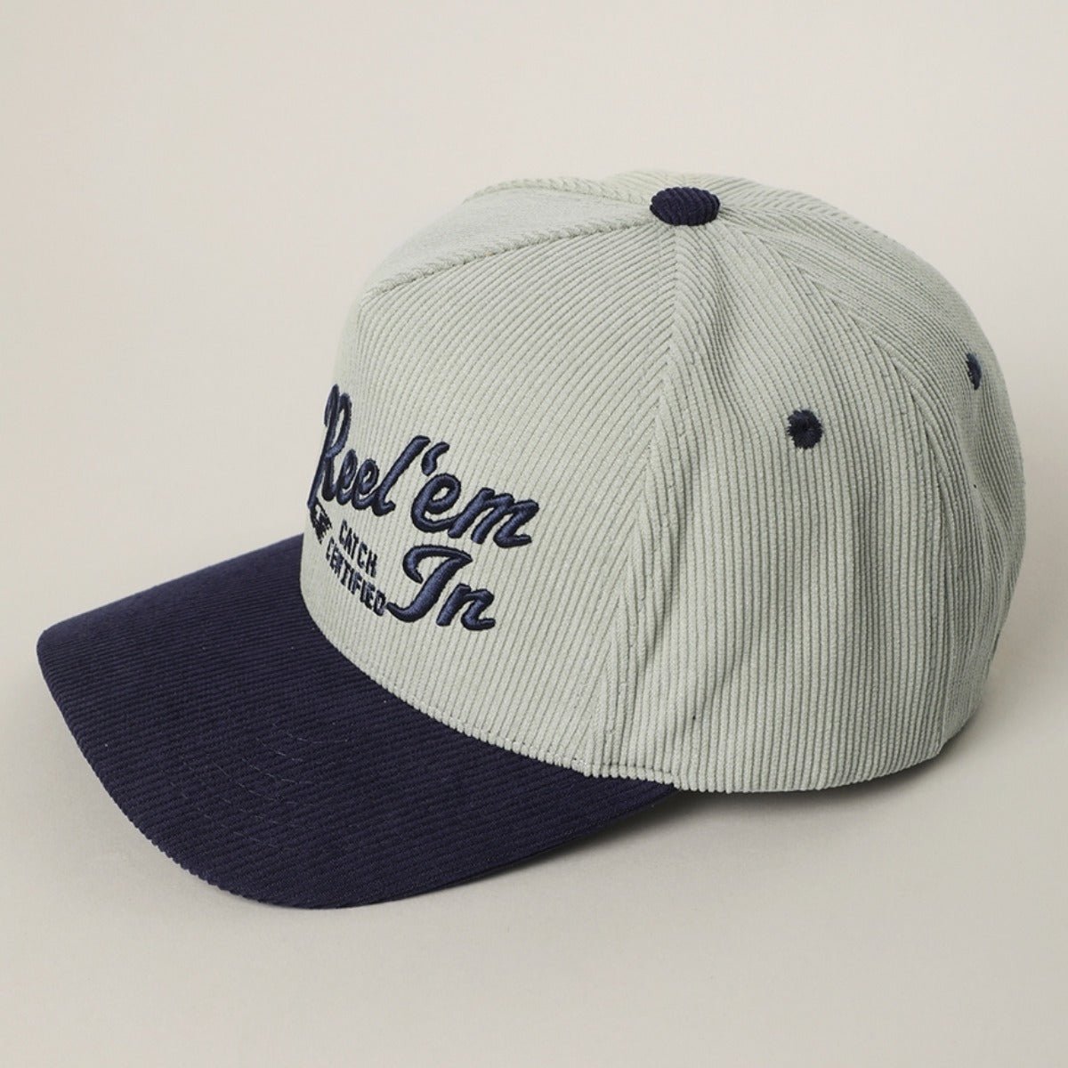 Reel'em in 3D Embroidered Corduroy Trucker Hat in Navy Mint - BoardCo
