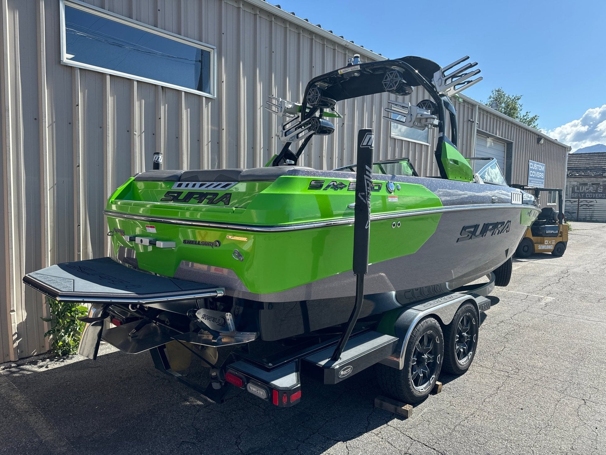 Supra SA With Roswell Pro Edge Tower and Factory bimini Double Up Storage Cover - BoardCo