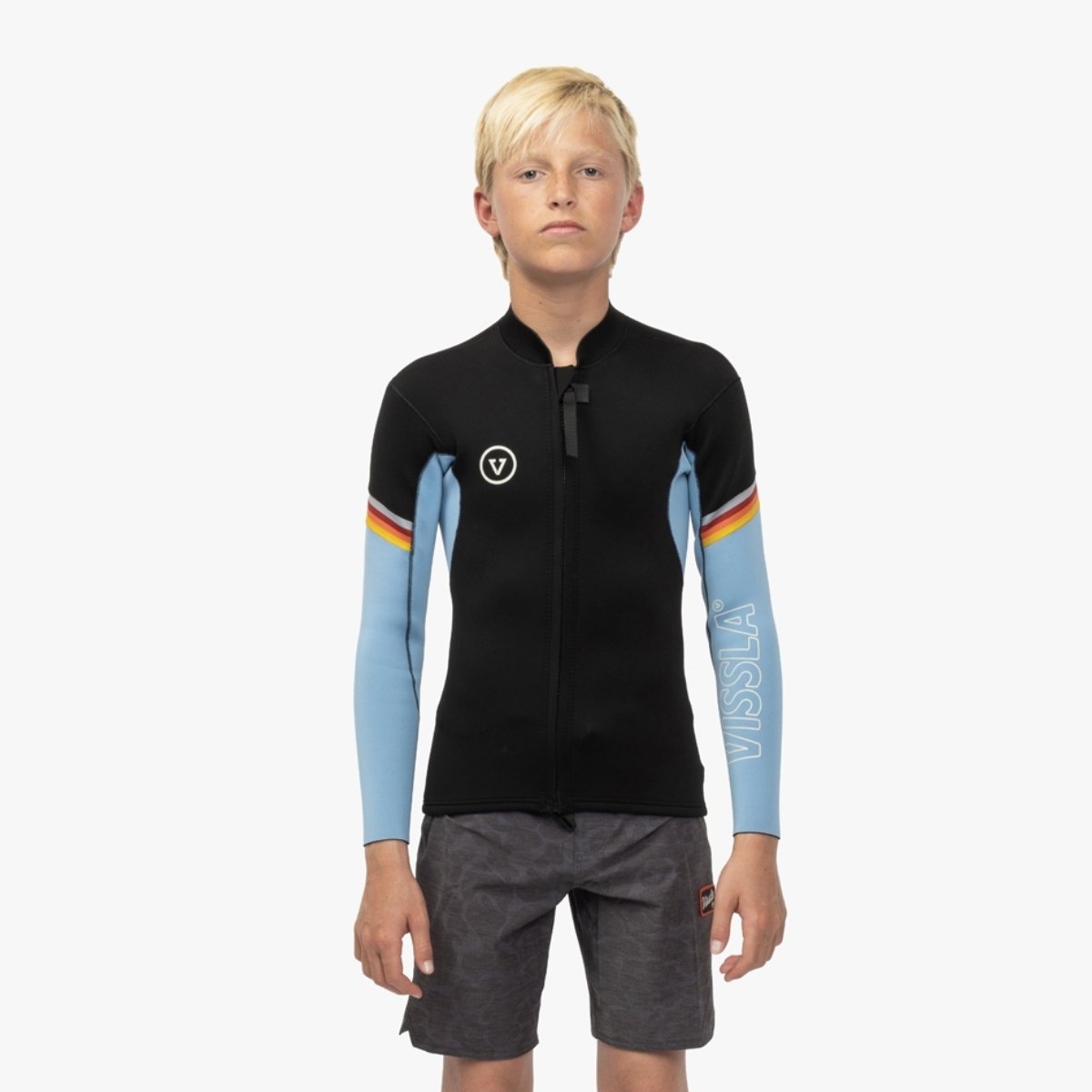 Vissla 7 Seas Boys Raditude 2mm Front Zip Wetsuit Jacket in Black with Blue - BoardCo