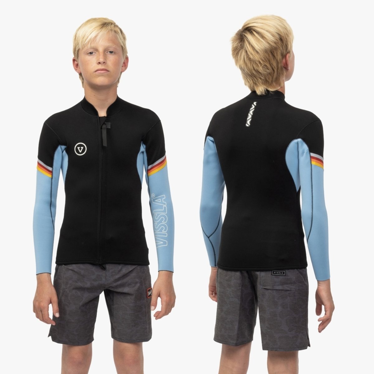 Vissla 7 Seas Boys Raditude 2mm Front Zip Wetsuit Jacket in Black with Blue - BoardCo