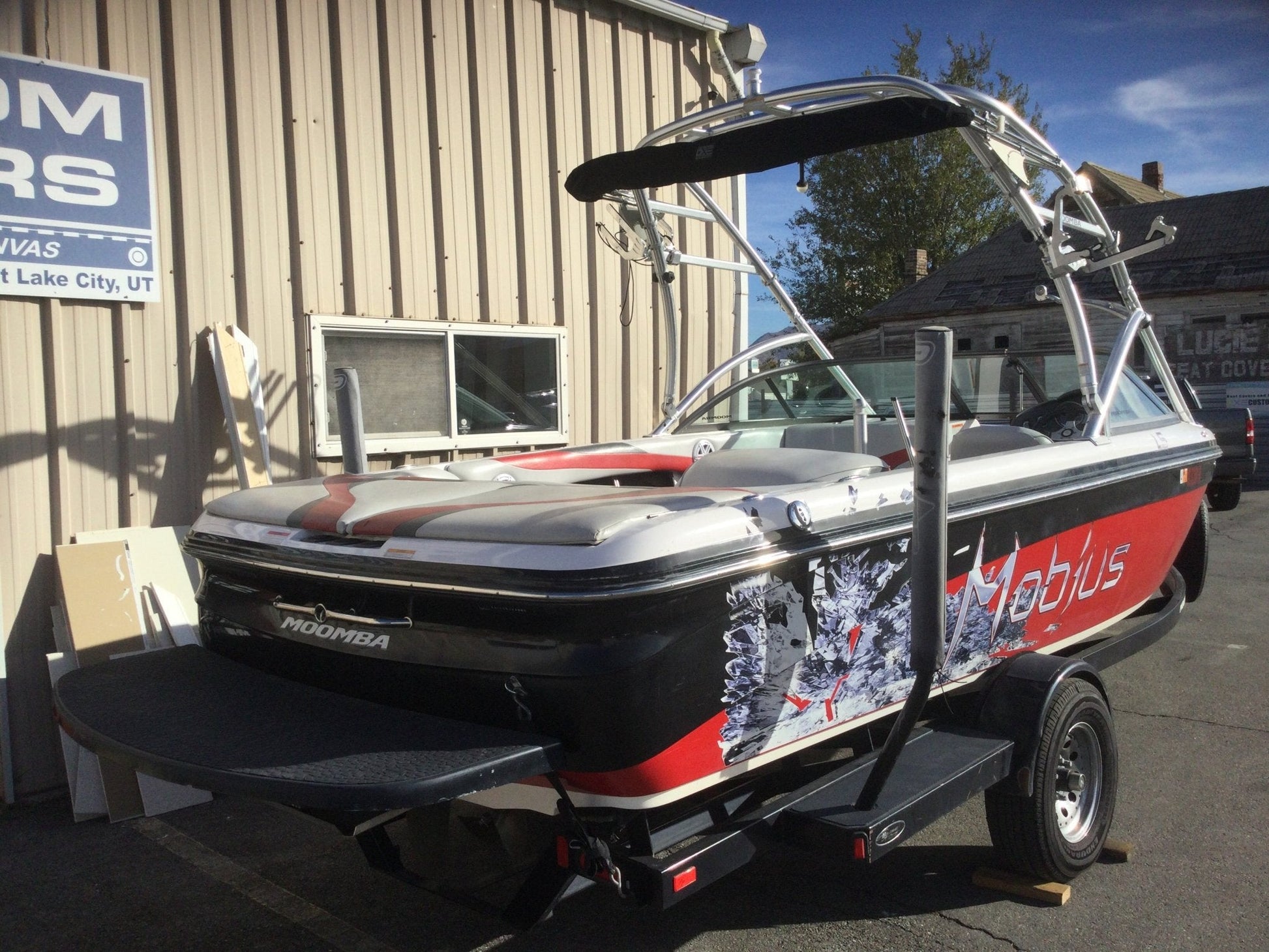 Moomba Mobius LS with Rat - A - Cage Gen 3 Tower and FCT Bimini Double Up Storage Cover - BoardCo