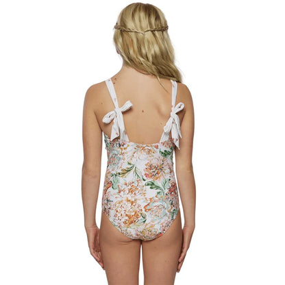O'Neill Girls Arden Floral Tie Straps One Piece in Vanilla - BoardCo