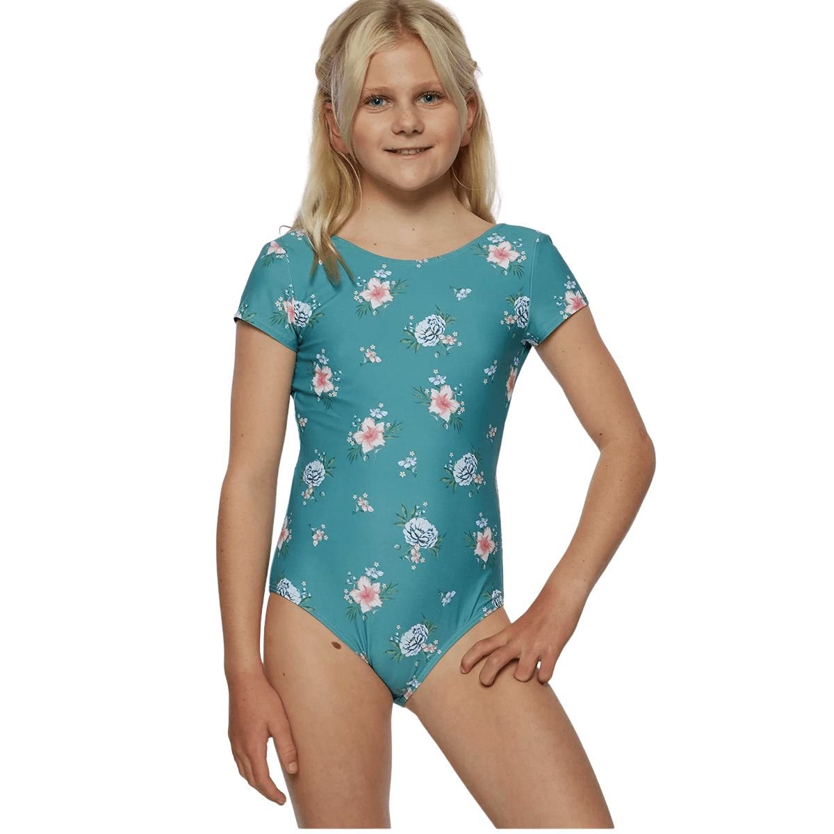 O'Neill Girls Chan Floral SS Tie Back One Piece in Teal - BoardCo