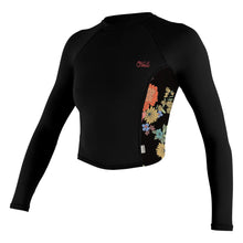 O'Neill Women's Print Midriff Long Sleeve Crop UPF Top in Black/Kali Floral - BoardCo